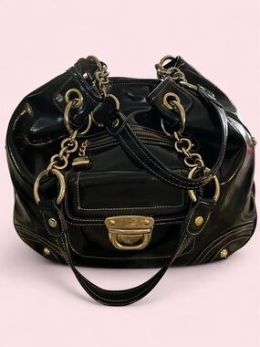 🖤Kathy Van Zeeland Black Patent Leather Chain-Detail Shoulder Bag🖤